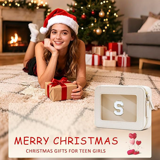 Initial Travel Toiletry Bag - Cosmetic Bags for Girls with Zipper, Clear & Potable Makeup Bag for Travel, Cosmetic Pouch Perfect Gifts for Graduation (Beige, S)