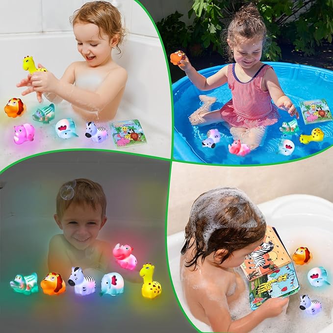 Light Up Bath Toys for Toddlers Kids Baby Boys Girls, No Hole Bath Toys with Bath Book & Organizer, Glow Bath Time Toys for Bathrooms Pool, Animals Bathtub Toys Gift for Toddlers Kids Baby Infants