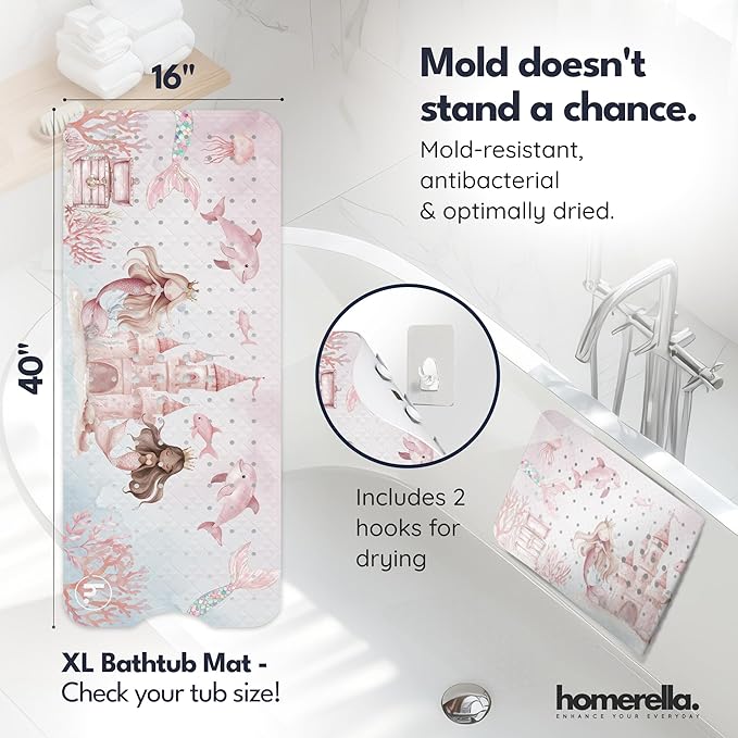 Bath Tub Mat Non Slip Anti Mold for Kids BPA Free INCL Hooks - homerella® Ocean Sea Animals 40x16, Baby Bath Mat Non Slip 200 Suction Cups, Non Toxic Machine Washable Toddler Bath Mat, EU Certified