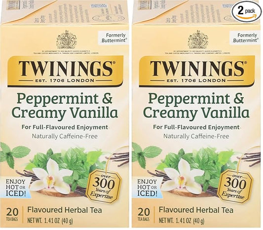 Twinings Peppermint & Creamy Vanilla Herbal Tea Individually Wrapped Bags, 20 Count (Pack of 2), Formerly Buttermint, Naturally Caffeine-Free, Enjoy Hot or Iced