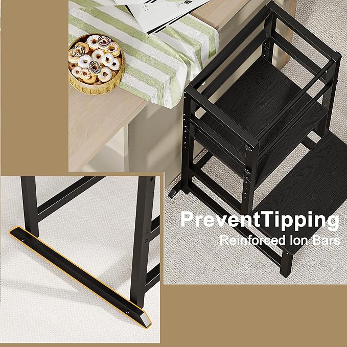 Kitchen Step Stool for Toddlers, Height Adjustable Toddler Tower with Safety Rail, Steel and Wood Toddler Kitchen Stool Helper Kids, Stool for Kids, Learning Tower, Kids' Desk Black