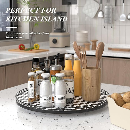 24" Black and White Kitchen Lazy Susan Turntable, Round Checkered Decorative Tray, Large Lazy Susan for Dining Table Centerpiece, Pantry, Kitchen, Bathroom, Countertop, Cupboard, Home Decor