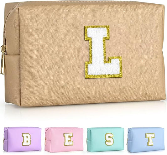 TOPEAST Personalized Birthday Gifts for Women, Preppy Patch Makeup Bag, Chenille Letter Pouch Cosmetic Bag, Travel Organizer, Gifts for Friends, Cute Stuff for Women (Khaki L)