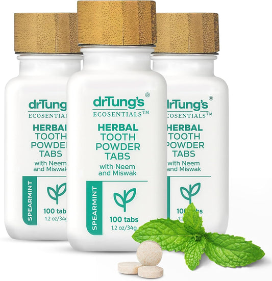 drTung's Herbal Toothpaste Tablets - Toothpaste Tabs for Dry Mouth Relief, Natural Tooth Powder Tablets for Fresh Breath, Fluoride Free, Travel Size, Vegan, Non-GMO - Spearmint (100 Tabs), 3-Pack