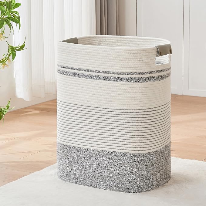 Laundry Basket with Handles - Blanket Basket & Hampers for Bedroom Aesthetic, Laundry Hamper & Blanket Storage for Living Room, Clothes Hamper, Tall, Large 17" x 14" x 22”, Grey & White