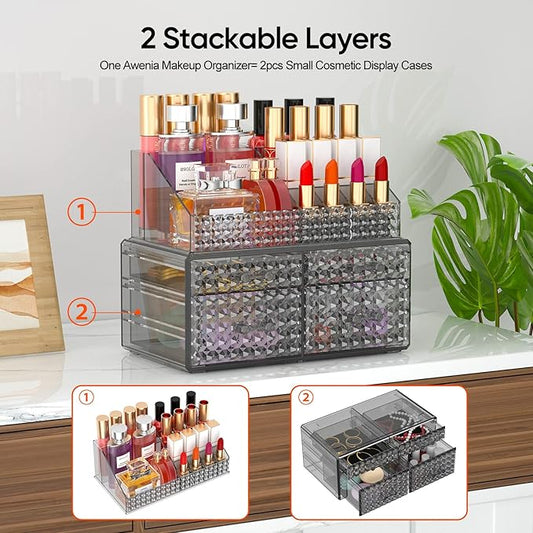 2 Pack Stackable Makeup Organizer with Drawers[Upgraded]-Acrylic Make up Organizers and Storage Case for Cosmetics,Brush,Perfume,Jewelry Display, Vanity and Bathroom Accessories