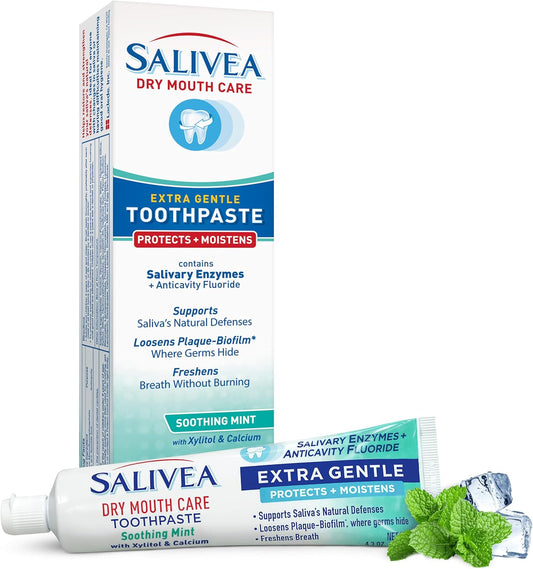 SALIVEA Gentle Toothpaste for Dry Mouth Care, 4.3 oz Tube, Anticavity with Fluoride, Natural Salivary Enzymes, Vitamin E & Aloe Vera, Cleans, Moisturizes & Refreshes Breath, Soothing Mint Flavor