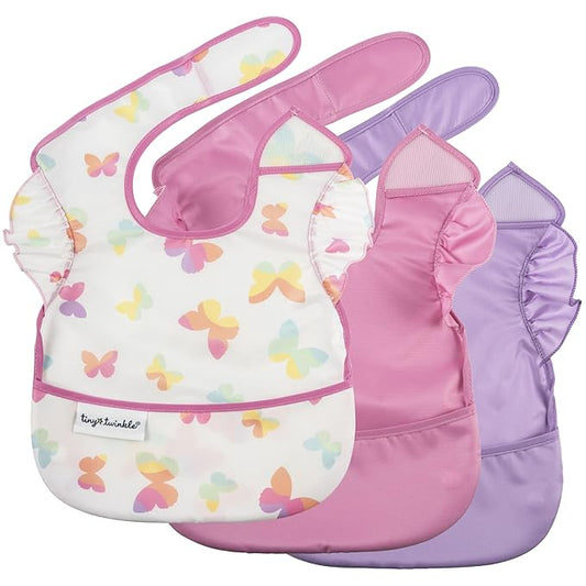 Tiny Twinkle Mess-Proof Baby Bibs for Eating | Waterproof, Wipeable Toddler Bibs with Catch-All Pocket | Feeding Bibs for Girls & Boys(3 Pack,Butterfly)