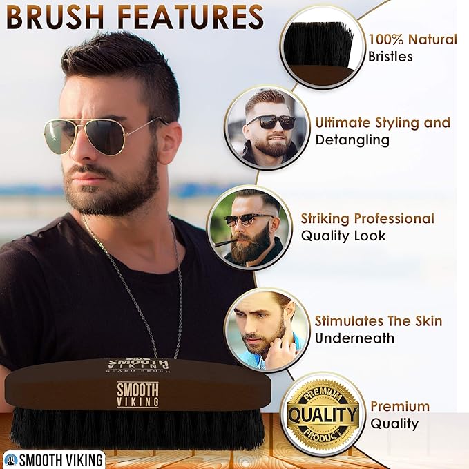 Smooth Viking Beard Brush & Comb Gift Set for Men - Natural Boar Bristle Hair Brush & Wooden Comb, Boar Brush for Facial Hair Styling, Grooming & Beard Shaping Tool, Men Hair Products - Brown