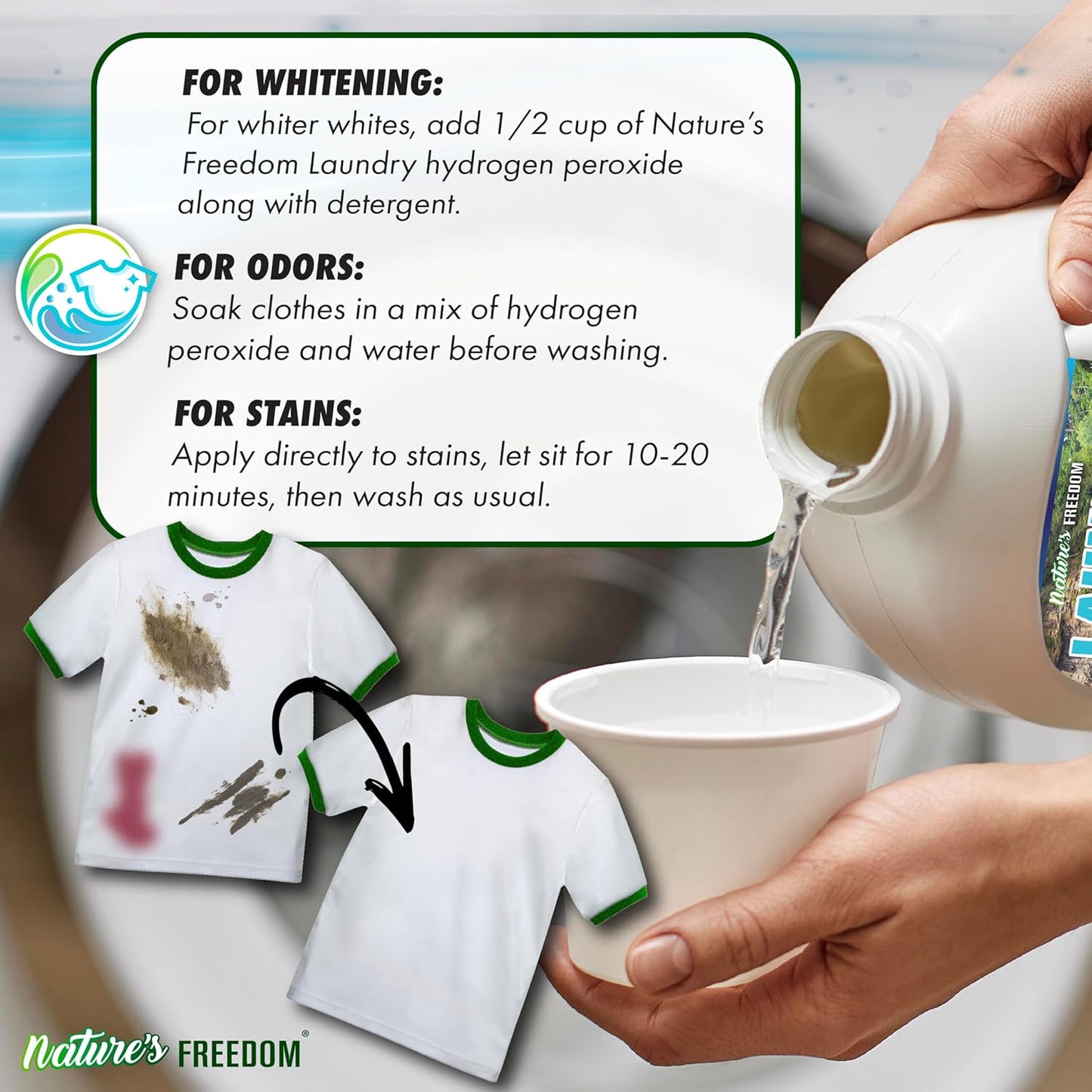 Nature's Freedom Laundry Peroxide, Chlorine-Free Whitening Solution, Stain and Odor Remover, 1 Gallon