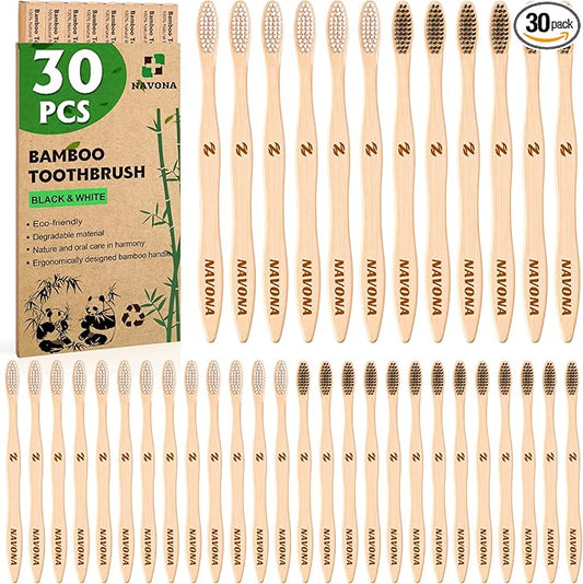 Navona 30 PCS Bamboo Toothbrushes Pack, BPA Free Medium Soft Bristles Toothbrushes for Adults, Eco-Friendly Natural Wooden Toothbrush Bulk, Box of Two Reusable Travel Toothbrush