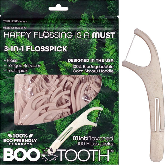World’s First Eco-Friendly 3-in-1 Dental Floss Pick – Thin Flosser with Foldable Toothpick & Tongue Scraper – 100 Count, Biodegradable, Mint 100 Picks