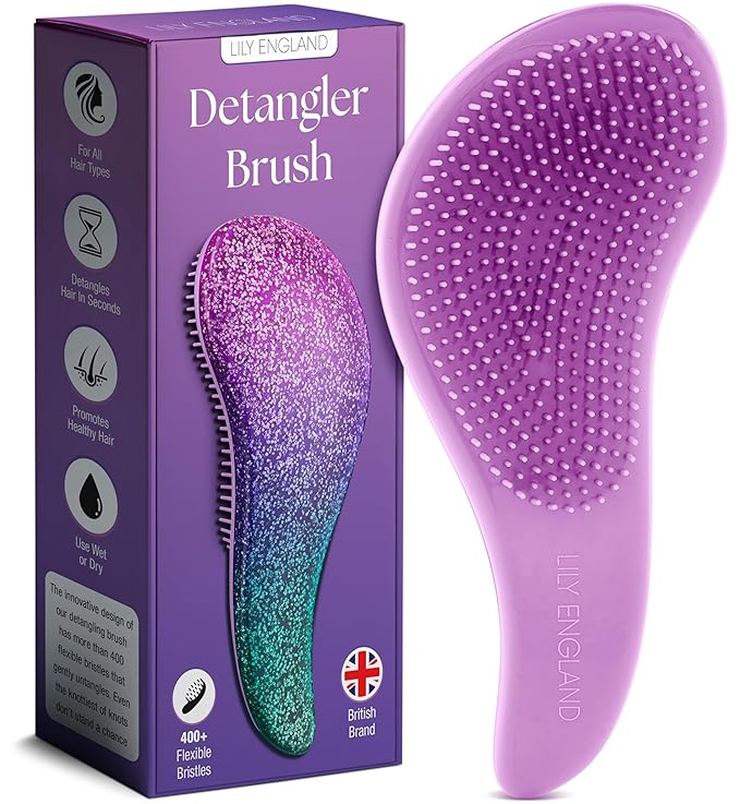 Lily England Detangler Hair Brush for Curly, Thick, Straight & Natural Hair - Gentle Detangling Brush for Women, Kids & Toddlers with Flexible Bristles - Smooth Hairbrush for Wet & Dry Hair, Purple