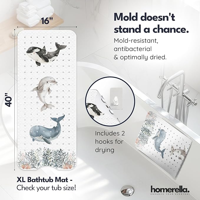 Homerella Baby Bath Tub Mat | Anti Mold Mildew Resistant Non Slip Kids and Adult Bath Tub Shower Mats | 40x16 inch Long with Suction Cups for Secure Grip Hooks for Storage & Drying | Machine Washable