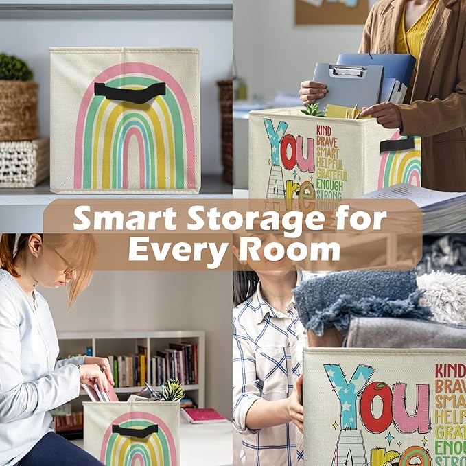 Boho Rainbow Inspirational Storage Bins, Positive Affirmation Gifts for Kids Collapsible Storage Box Laundry Basket with Handle for Home Bedroom Bathroom Playroom Clothes Toys Books