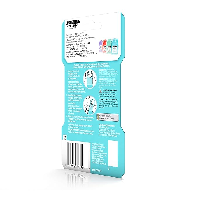 Listerine Cool Mint Pocketmist, Oral Care Mist for Fresh Breath, Non-Aerosol Sugar-Free Bad Breath Refresher Spray to Kill 99% of Bad Breath Germs, Portable, Cool Mint Flavor, 2 Sprays
