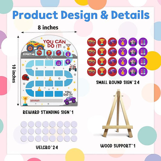 Truck Reward Chart, Behavior Chart for Kids at Home, Wooden Incentive Chart Signboard with 24 Tokens, Colorful Sticker Charts Classroom Essentials -08