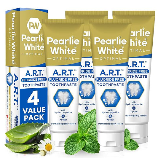Pearlie White Active Remineralization Fluoride Free Toothpaste - 3.8oz/110gm - Remineralizing Toothpaste for Tooth Enamel Repair - Helps Remove Stains - Contains Hydroxyapatite and Xylitol - Pack of 4