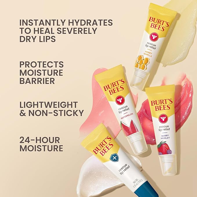 Burt's Bees Stocking Stuffers, Rescue Lip Relief, Berry Medley, Hydrating Lip Balm for Dry Cracked Lips, with Responsbily Sourced Beeswax and Shea Butter, 100% Natural Origin, 1 Squeezy Tube, 0.35oz