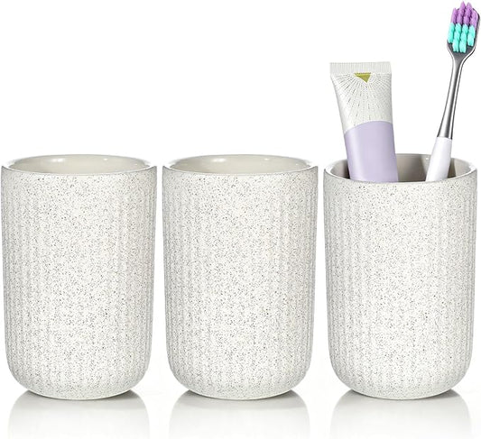 Toothbrush Holders for Bathrooms, 3 Cups Ceramic Tooth Brush Holders Set, Beige Bathroom Tumbler Cups Reusable Toothbrush Mouthwash Cup for Bathroom Counter Organizer