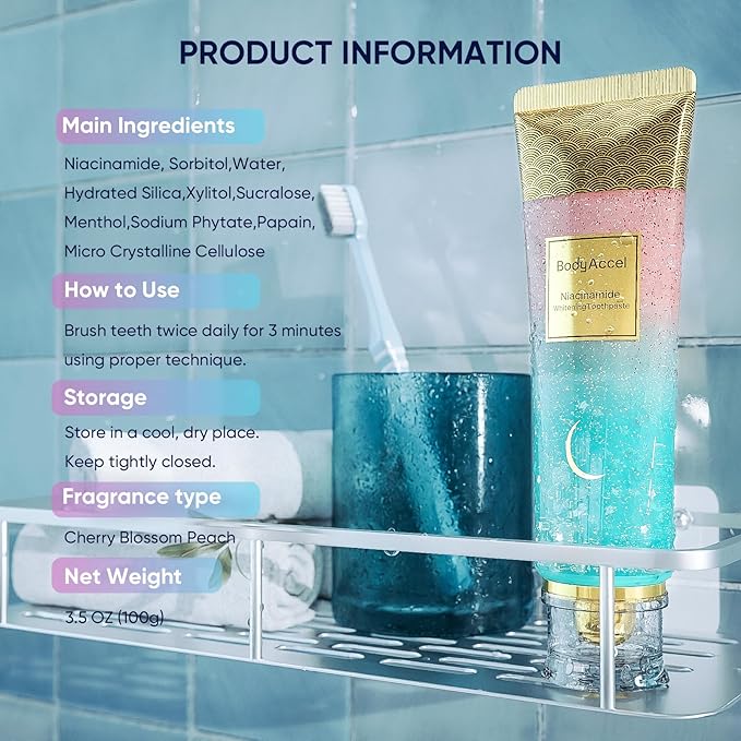 BodyAccel Niacinamide Toothpaste – Whitening & Fluoride-Free, Fresh Breath & Healthy Gums, Removes Surface Stains, Natural Peach Flavor (1 Pack)