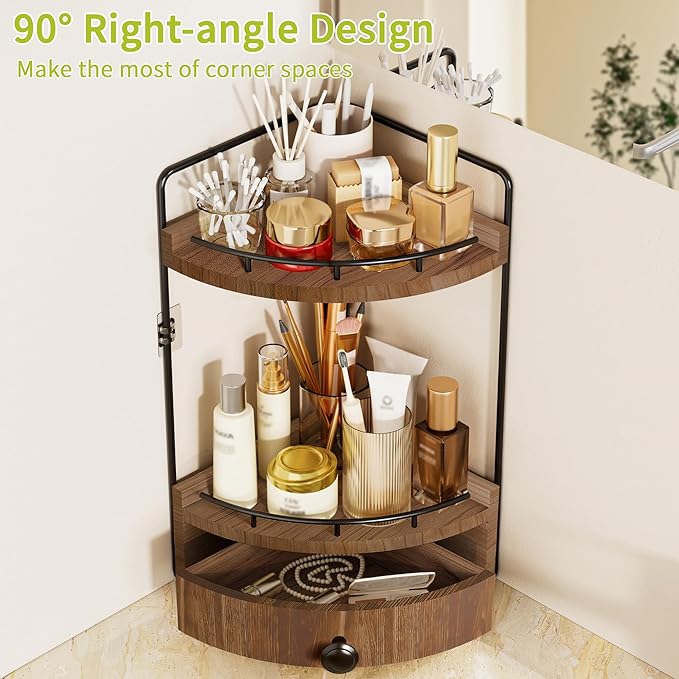 2-Tier Corner Bathroom Counter Organizer with Drawer & Embedded Screw Holes - Wooden Countertop Organizers for Skincare, Makeup Storage, Bathroom Sink Counter Shelf for Vanity, Dark Brown
