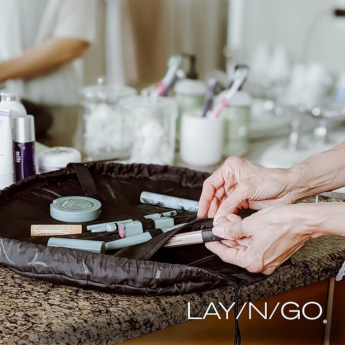 Lay-n-Go Cosmo Layflat Drawstring Cosmetic & Makeup Bag Organizer w/Zipper Pocket, Brush Loops & More, Cinch to Close, Lay Flat to Use, Durable, Machine Wash, Travel Toiletry Bag (20", Ocean Blue)