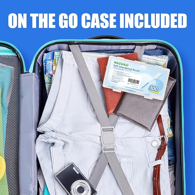 RAZOKO Soft Interdental Brushes Original, Dental Picks for Cleaning Teeth, Disposable Interdental Brushes, with Convenient Carry Case (Blue, 300 Count)