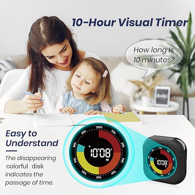 Visual Timer for Kids, 10 Hours Countdown/Up, with Rechargeable, 3 Volume Levels, 3 Brightness Display, and Magnetic, Homeschool Study Tool, Large Digital Timers for Classroom, Kitchen