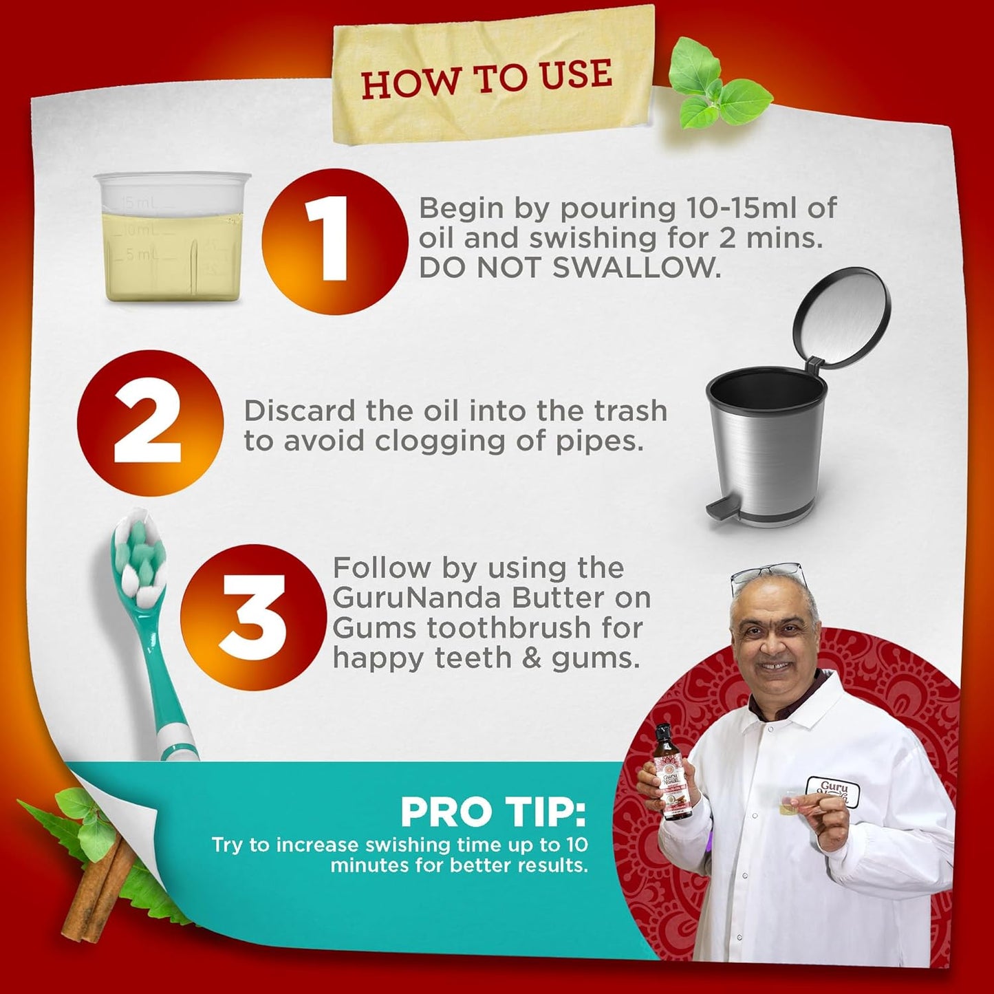 GuruNanda Cinnamon Oil Pulling Mouthwash, Promotes Calmness, with Neem & Ashwagandha for Fresh Breath & Happy Gums, Alcohol-Free, with Toothbrush & Tongue Scraper, 3X8 Oz