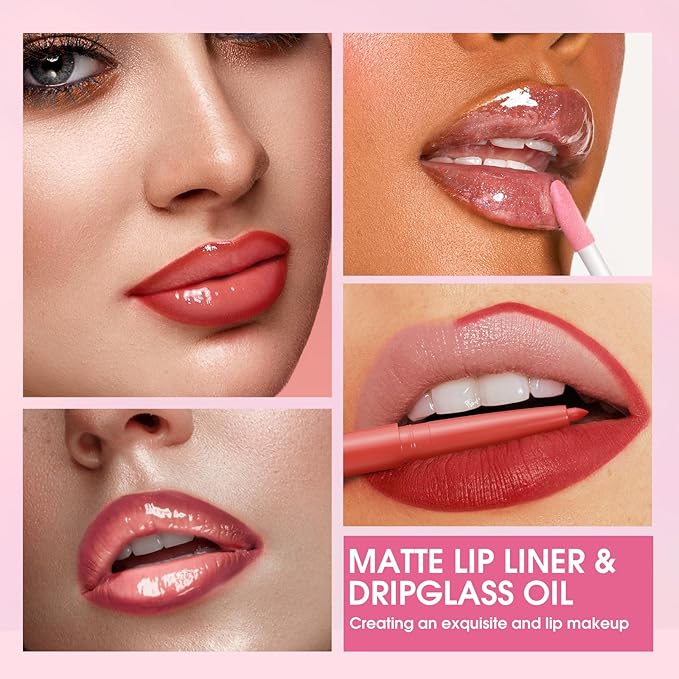 Jolilab Matte Lip Liner Lip Oil Set, Lip Makeup Set Natural Smooth Long-Lasting And Hydrating Beauty Daily Cosmetics Gift for Girls Easy-to-Use(9pcs)