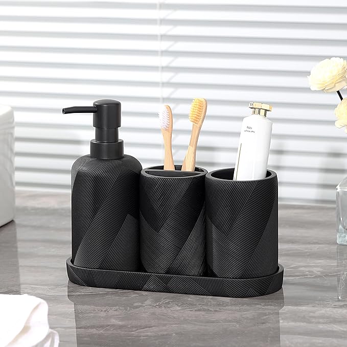 Bathroom Accessories Set, Bathroom Organizer Countertop, Soap Dispenser and Toothbrush Holder, Mouthwash Cup, Tray Set, Vanity Tray for Bathroom, 4 Pieces Modern Decor (Matte Black)