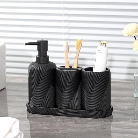 Bathroom Accessories Set, Bathroom Organizer Countertop, Soap Dispenser and Toothbrush Holder, Mouthwash Cup, Tray Set, Vanity Tray for Bathroom, 4 Pieces Modern Decor (Matte Black)