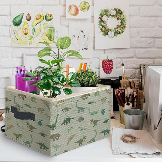 Dinosaur Foldable Storage Bins Box with Handles, Vintage Gray Striped Dinosaurs Collapsible Toys Books Clothes Organizer Basket for Kids Boys Bedroom Bathroom Dorm Nursery