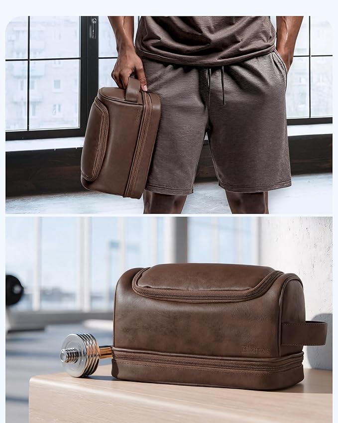 Elviros Toiletry Bag for Mens PU Leather Travel Organizer Kit with Hanging hook, Large Water-resistant Toiletries Bathroom Shaving Bags (Extra Large, Coffee)