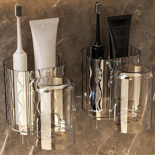 【Two-Piece Set】 Toothbrush Holder, Bathroom Dual-Cup Wall-Mounted Toothbrush Storage Rack, Toiletries Shelf, Bathroom Accessories, Bathroom Decor