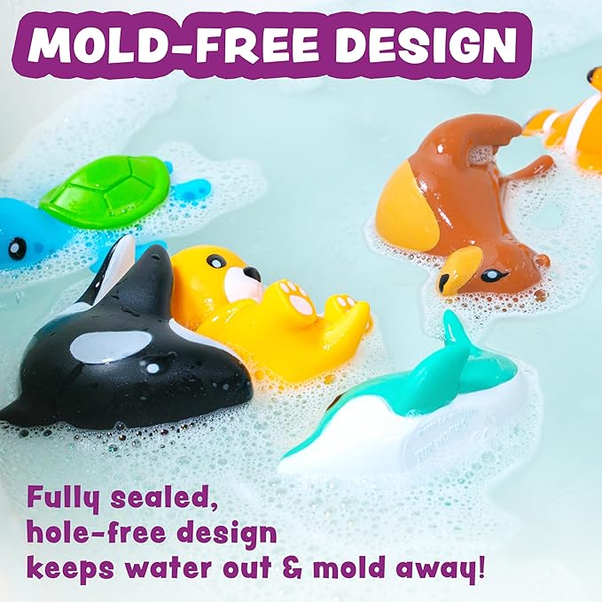 Tub Works® Marine™ Mold Free Bath Toys, 6 Pack | Sealed, No Hole Bath Toys Design Keeps Moisture Out | Soft, Squeezable & Float on Water | Easy-Grip Baby & Toddler Bath Toy Set | Great Baby Pool Toys