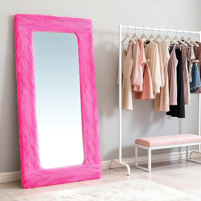 Fluffy Full Length Mirror Cover Universal Ultra Soft Non-Slip Border with Adhesive Tape Pink Fuzzy Frame Decor for Standing Mirror Bedroom Cloakroom Home Decor Women Gifts (vibrant pink, 64 x 21 Inch)