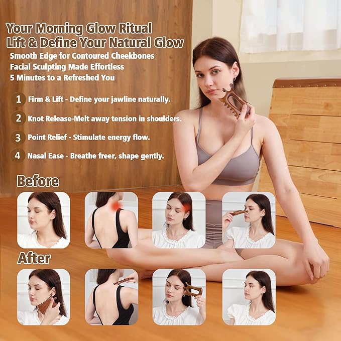 Gua Sha Tool for Face & Body – 6 in 1 Natural King Wood - Lymphatic Drainage, Skin Firming, Puffiness Care, Neck Massage,Muscle Relief - Home Self Care, Wonderful Gifts Packing for Mum Wife Friend