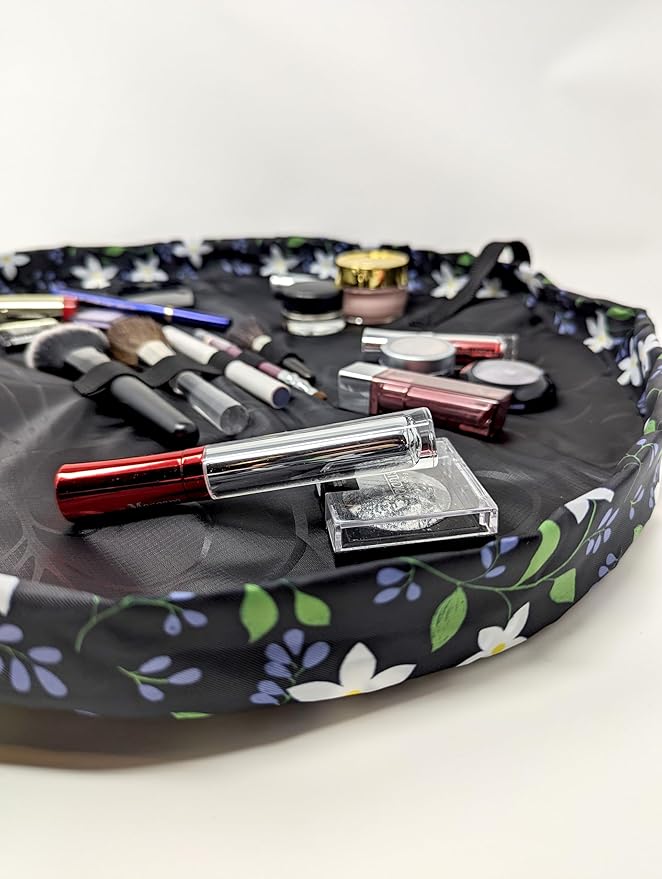 Lay-n-Go Cosmo Drawstring Cosmetic & Makeup Bag Organizer - Portable Drawstring Makeup Bag w/Zipper Pocket, Makeup Loops & More - Durable, Machine Washable Toiletry Bag (20", Floral Large)