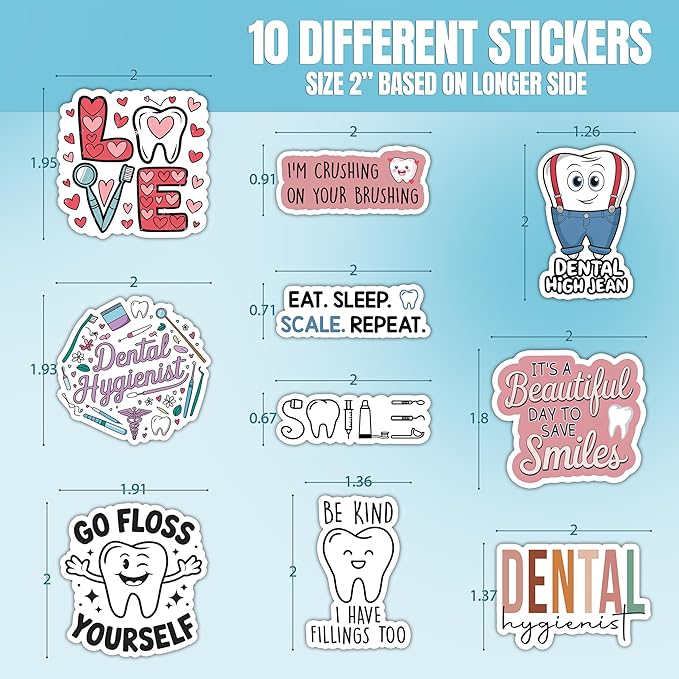 10pcs Dental Hygiene Sticker Sheet, Cute Vinyl Decals for Dental Hygienists, Office Staff, Oral Health Advocates, Waterproof, UV-Resistant, for Laptop, Water Bottle, Journal, Notebook, Clipboard