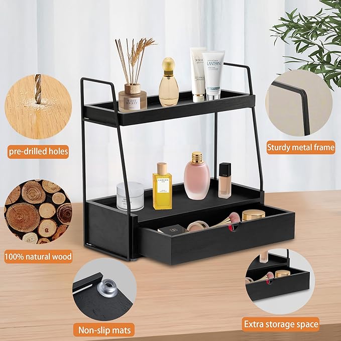 2-Tier Bathroom Organizer Countertop with Drawer, Wood Counter Organizer for Bathroom Decor, Sink Shelf for Vanity Storage, Makeup Tray for Perfume Skincare Bedroom Kitchen Corner