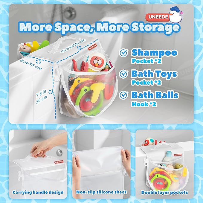 UNEEDE Bath Toy Storage Saddle Shape 2 Compartments,Quick Access丨Wide Opening Bathtub Toy Organizer for Tub,Nylon Mesh Shower Holder and Tub Storage Organizer for Kids,Easy to Clean and Install