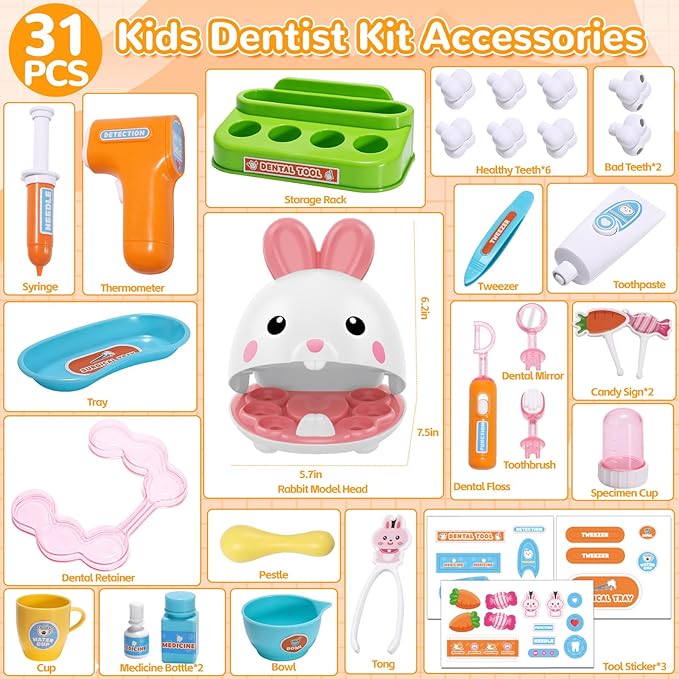 Dentist Kit Pretend Play Set, 31PCS Teeth Dental Tools Medical Accessories, Pet Doctor Role Play Toys Playset, Educational Gift for Kids Toddlers Girls Ages 3+