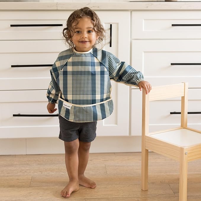 Tiny Twinkle Long Sleeve Bibs for Babies & Toddlers – 2 Pack Waterproof Smock Bibs for Eating – Machine Washable & Mess-Proof, Baby Feeding Essential & Shower Must-Have (Gingham Grid, 6-24M)