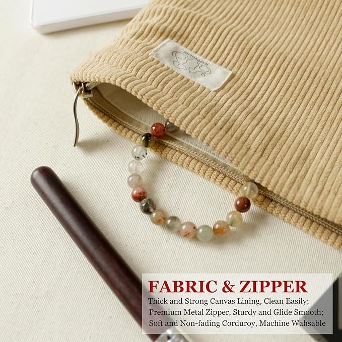 HAPPYHEIDI Creamy White Corduroy Makeup Bag Cosmetic Toiletry Travel Pouch, Make Up Accessory Purse Organizer, Canvas Lined