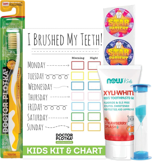 MOUTHWATCHERS Childrens Dental Care Kit: Toothbrush for Kids, 3 oz Strawberry Fluoride Free Toothpaste, Dry Erase Checkboard, Timer, Stickers, Manual Flossing Toothbrushes Gift Set, by Dr. Plotka's