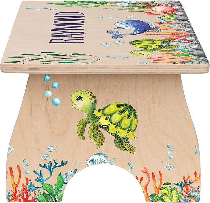 Step Stool for Toddlers- Personalized Wood Kids Step Stool with Name for Kitchen Sink, Bathroom, Potty Training, Toilet, Kitchen Sink- Sturdy and Safe- Made in USA by BloomOwl (Ocean)