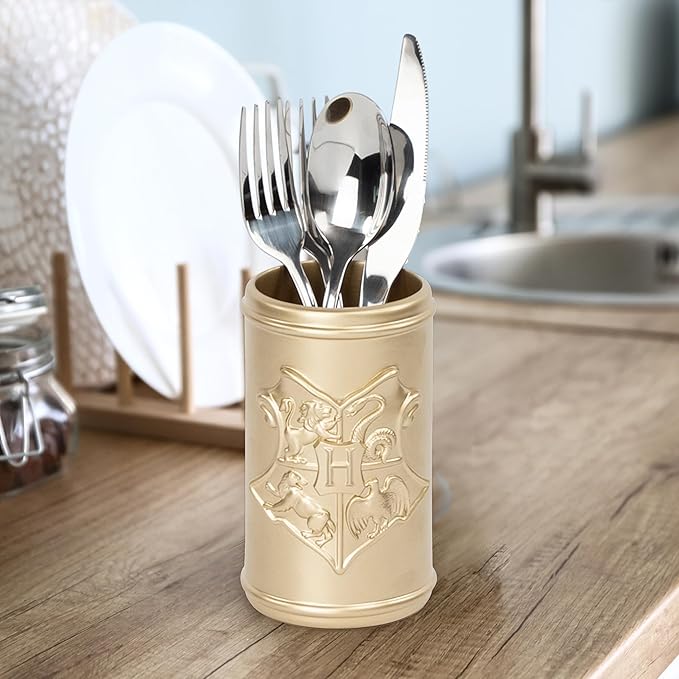 Jay Franco Harry Potter Bathroom Tumbler - Gold Resin Toothbrush/Pen Holder Features Hogwarts Crest - Bathroom Décor