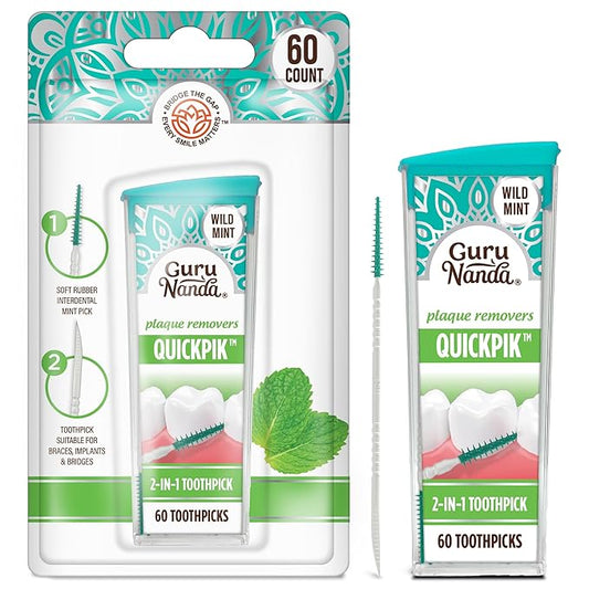 GuruNanda 2-in-1 QuickPik Toothpick & Interdental Pick – Soft Rubber Bristles for Plaque Removal & Improved Oral Care, Comes with a Travel Case for On-The-Go Use, 60ct